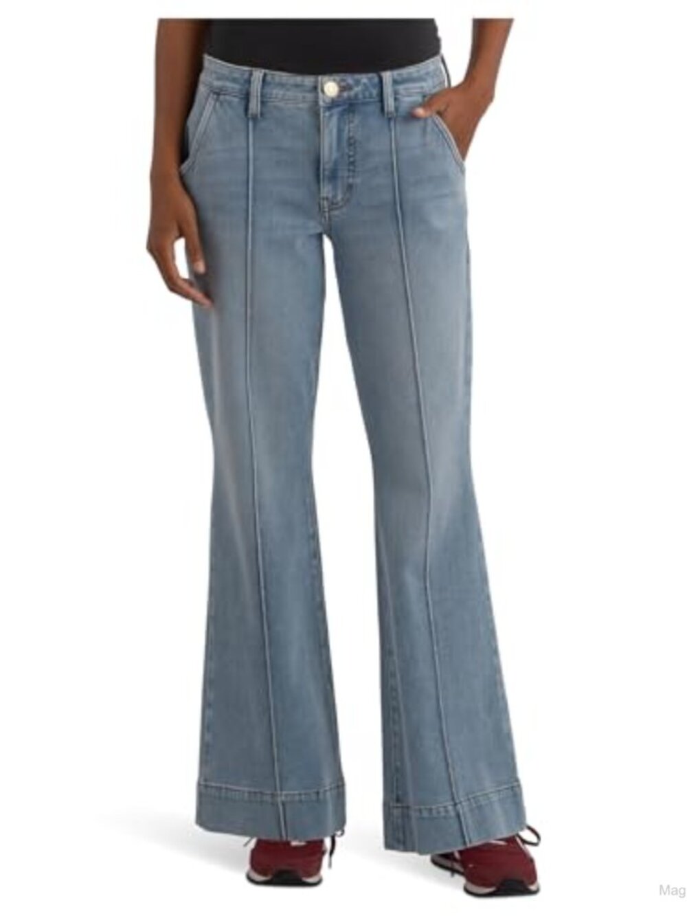 High Rise Flare Front Pin Tuck Jeans Lyocell Cotton Blend Stretch 33 Inseam